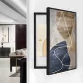 لوحة كانفس بتصميم هندسي بألوان محايدة مع إطار أسود، مثالية لتغطية طبلون الكهرباء.
