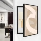 لوحة كانفس بألوان محايدة، إطار أسود، تصميم عصري لتغطية طبلون الكهرباء.