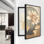 لوحة كانفس بتصميم زهرة دوار الشمس، إطار أسود، بألوان دافئة ومظهر عصري يناسب ديكور المنزل.