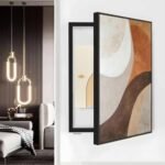 لوحة كانفس متعددة الألوان بتصميم هندسي، إطار أسود، تناسب تغطية طبلون الكهرباء.