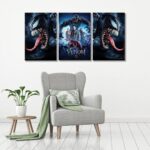 ثلاث لوحات قماشية بتصميم مسلسل Venom، ألوان داكنة وملفتة، تعكس أجواء الإثارة والرعب.