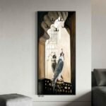 لوحة فنية جدارية مودرن بألوان دافئة، تصور طيوراً في نافذة ذات تصميم عربي تقليدي.