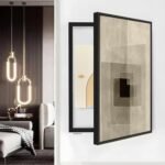 لوحة كانفس بألوان متعددة وتصميم هندسي عصري، إطار أسود أنيق، تناسب تغطية طبلون الكهرباء.