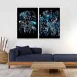 لوحة قماشية ثنائية بتصميم أنمي ملون بالأزرق والأسود، تبرز شخصيات ديناميكية بأسلوب فني جذاب.
