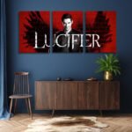 ثلاث لوحات قماشية ملونة بتصميم مسلسل LUCFER، تظهر شخصية رئيسية على خلفية حمراء مع أجنحة سوداء.