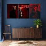 لوحات قماشية ثلاث بتصميم مسلسل LUCIFER بألوان داكنة وإضاءة نيون، تضفي لمسة عصرية على الديكور.