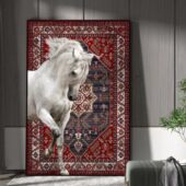 لوحة فنية مميزة لخيل أبيض على قماش كنفاس بتصميم تقليدي وألوان دافئة.