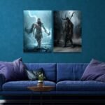 لوحة قماشية ثنائية بتصميم أنمي، تعرض شخصيات ملحمية بألوان زاهية ومشاهد ديناميكية.