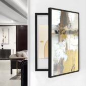 لوحة كانفس فنية بألوان دافئة، إطار أسود، تصميم عصري يناسب تغطية طبلون الكهرباء.