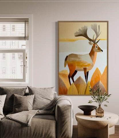 لوحة فنية جدارية لغزال في مناظر طبيعية