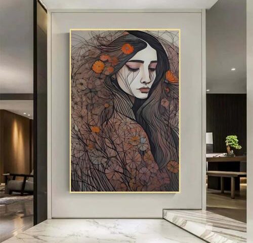 لوحة قماشية بتصميم تجريدي بتصميم فتاةمع برواز مجوف