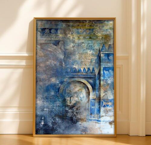 لوحة قماشية بتصميم بوابة عشتار مع برواز مجوف