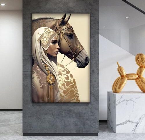لوحة جدارية قماشية بتصميم الفن التجريدي بتصميم فتاة عربية مع برواز مجوف