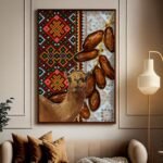 لوحة قماشية فنية بتصميم نجدي، تظهر جملًا مع تمر، بألوان دافئة وإطار خشبي أنيق.