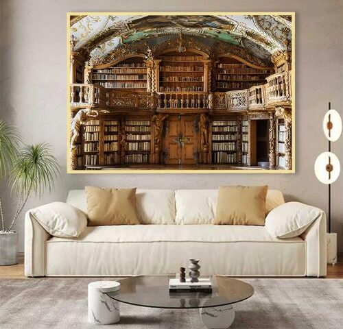 لوحة قماشية بتصميم مكتبةمع برواز مجوف