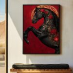 لوحة قماشية بتصميم خيل أسود مزينة بالورود الحمراء على خلفية حمراء مع برواز مجوف أنيق.