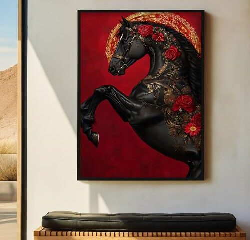 لوحة قماشية بتصميم خيل مع برواز مجوف