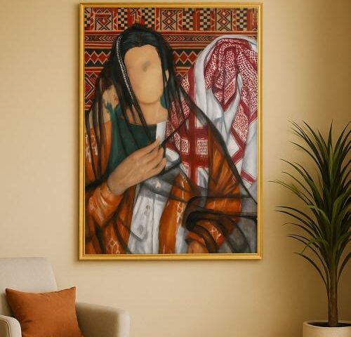 لوحة قماشية بتصميم تراثي لفن السدو مع برواز مجوف