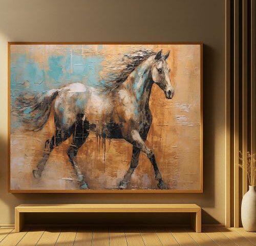 لوحة قماشية بتصميم خيول مع برواز مجوف