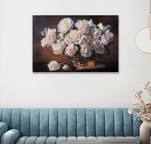 لوحة قماشية بتصميم ورود مع برواز مجوف