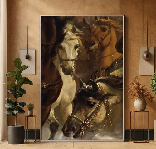 لوحة قماشية بتصميم خيل مع برواز مجوف