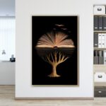 لوحة قماشية بتصميم مودرن يجسد شجرة من صفحات كتاب، بإطار مجوف بلون ذهبي.