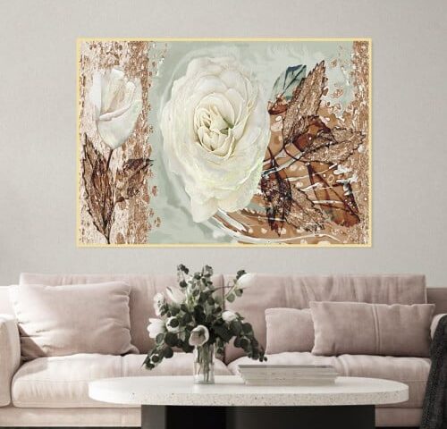 لوحة قماشية بتصميم وردة بيضاء مع برواز مجوف