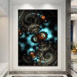 لوحة قماشية بتصميم مودرن بألوان زرقاء وبنية، مع تفاصيل هندسية معقدة وإطار مجوف أنيق.
