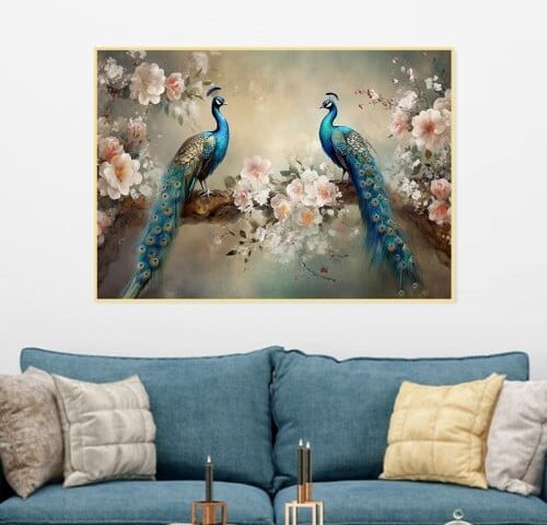 لوحة قماشية بتصميم طاووس مع برواز مجوف