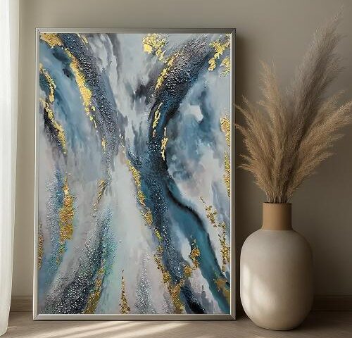 لوحة قماشية تجريدية مودرن - بتصميم رخامي - مع برواز مجوف