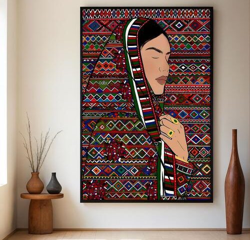 لوحة قماشية بتصميم تراثي لفن السدو مع برواز مجوف