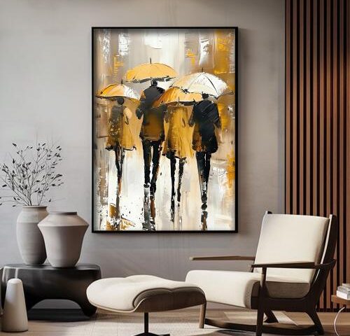 لوحة قماشية بتصميم الفن الزيتي بتصميم أشخاص تحت المطر مع برواز مجوف