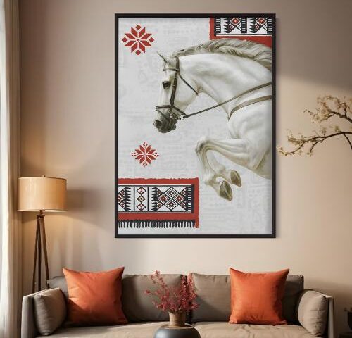 لوحة قماشية بتصميم خيل مع برواز مجوف