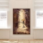 لوحة قماشية بتصميم مودرن، ألوان دافئة، رسم لشخص يحمل مظلة في طريق طبيعي.