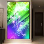 لوحة قماشية بتصميم مودرن بألوان زاهية مع فراشات بيضاء، مؤطرة بإطار مجوف أنيق.