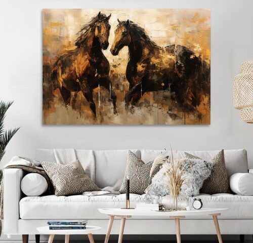 لوحة قماشية بتصميم خيول مع برواز مجوف