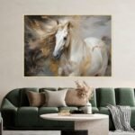 لوحة قماشية بتصميم حصان أبيض مع لمسات ذهبية، مؤطرة بإطار مجوف أنيق.