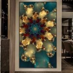 لوحة قماشية بتصميم مودرن مزخرفة بألوان دافئة وزهور هندسية، مع برواز مجوف أنيق.